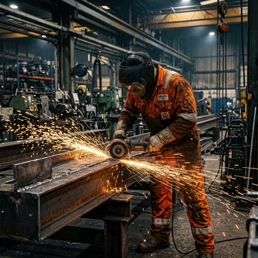Industrial worker welding and grinding structural steel